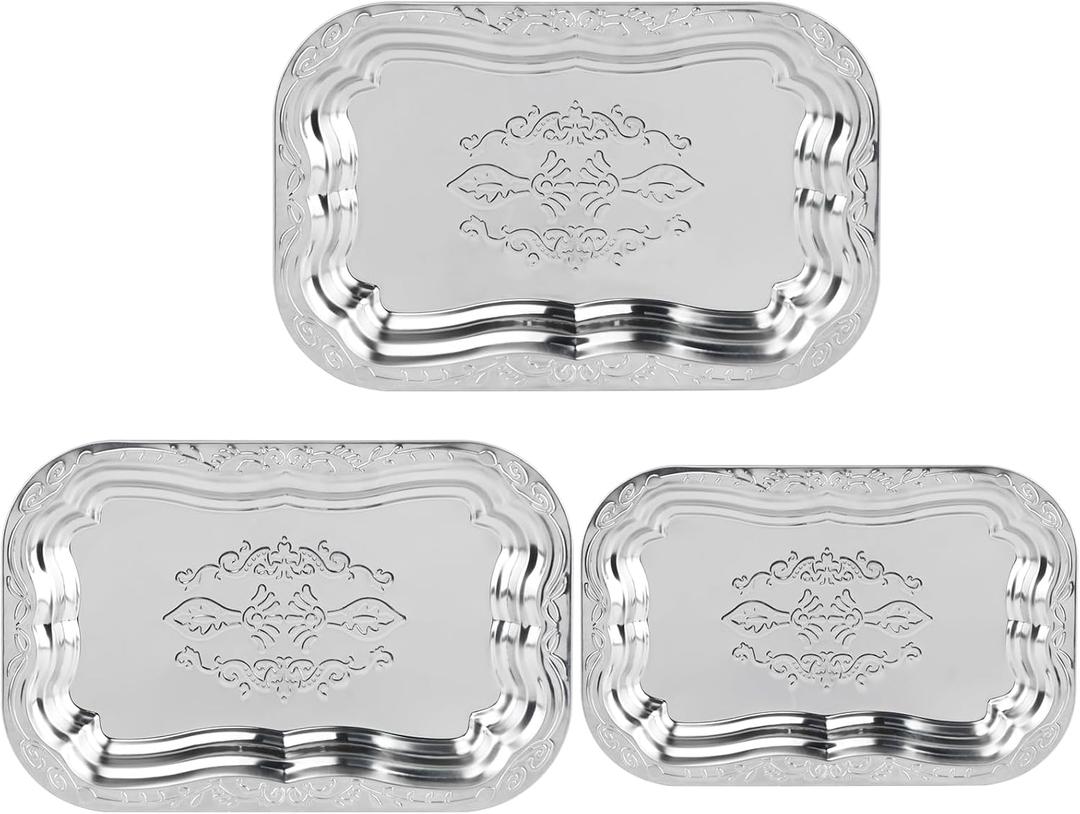 3-Pack Rectangular Silver Serving Tray, 3 Sizes Vintage Floral Engraved Mirror Decorative Tray, for Whiskey, Cookies, Charcuterie, Snacks, Desserts, Wedding Party