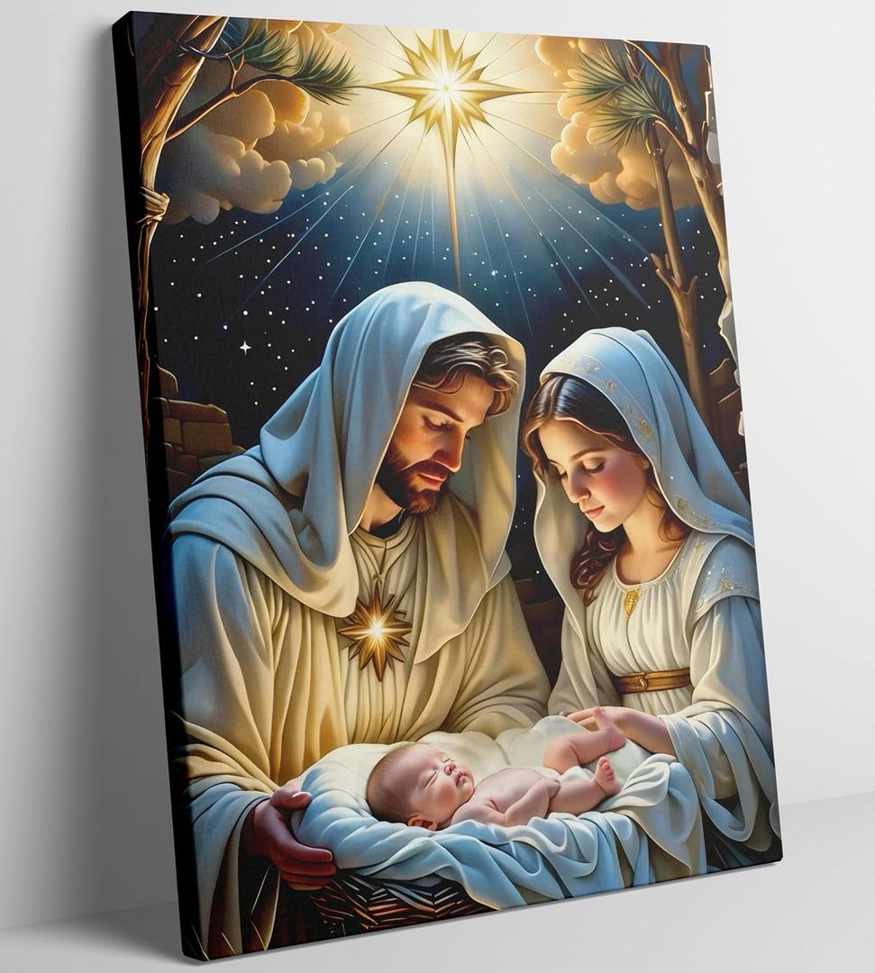 Nativity Scene Canvas Wall Art Christ in a Manger Jesus Mary and Joseph Painting Picture Wall Decor Star of Bethlehem Poster Print Artwork for Living Room Nursery Bedroom Church Home Decoration (16"L x 12"W)