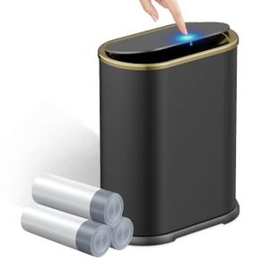 KSSKSS 1.8 Gallons Small White Bathroom Trash Can with Lid, Slim Bathroom Garbage Bin, Dog Proof Trash Can with Pop-Up Lid for Bedroom,Toile, Black