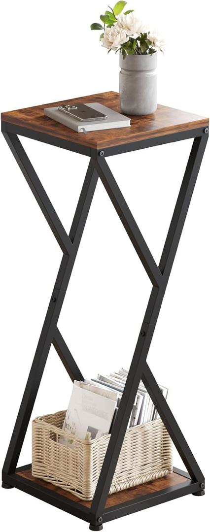 Tall Plant Stand Indoor, Conceptual Design 2-Tier Pedestal Stand with Metal Base ,Small End Table for Living Room,Corner Side Table Home Decor