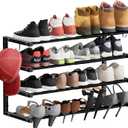 Wall Mounted Shoe Rack, 4 Tier Hanging Shoe Rack Holds 16 Pairs, 17"-30" Adjustable Heavy Duty Wall Shoe Shelf with 2 Storage Hooks, Space Saving for Closet Entryway, Black