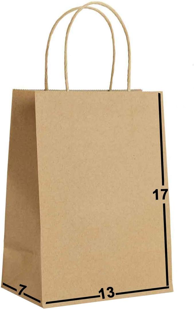 Brown Paper Gift Bags Bulk with Handles 13 X 7 X 17 [25 Bags] Ideal for Shopping, Packaging, Retail, Party, Craft, Gifts, Wedding, Recycled, Business, Goody and Merchandise Kraft Bag