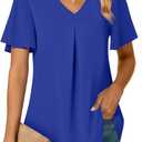 Anyally Women's Summer Dressy Chiffon Blouses V Neck Ruffle Short Sleeve Tunic Tops for Leggings Casual T-Shirts (Blue, XXL)