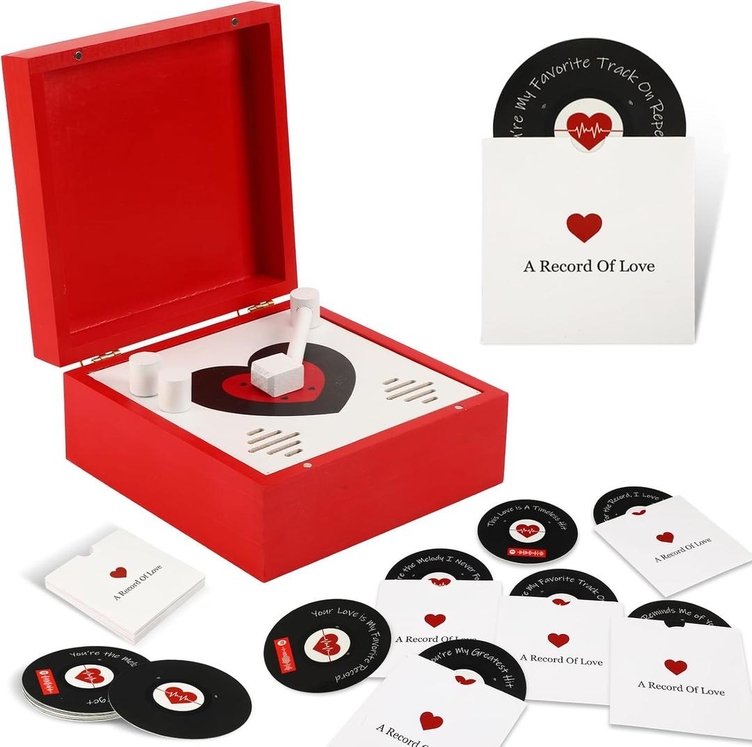 Romantic Wooden Love Note Record Player Box with 14 Vinyl-Style Message Cards & Spotify QR Codes Gift for Him Her, Anniversary Music Keepsake, Personalized Love Song Gift Box
