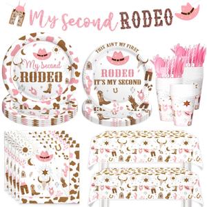 My 2nd Rodeo Birthday Supplies Tableware Set Girl, Western Cowgirl 2nd Birthday Decorations, My Second Banner Tablecloth Plates Napkins Forks for Wild West 2 Year Old Girl Serves 24 Guests
