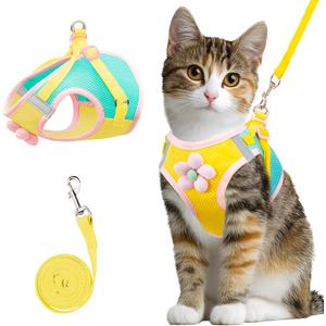 Cat Harness and Leash Set Escape Proof, Adjustable Cat Vest Harnesses Soft Kitten Harness Reflective Strips Jacket with Flower, Breathable Mesh Harnesses for Cats Puppy Easy to Wear Outdoor Walking, M