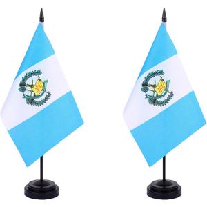 Guatemala Desk Flag 12" Solid Pole Deluxe Set Guatemalan Flags Banner Mini Small Guatemala Office Table Flags with Black Stand Base Desktop Decorations(2Pack)