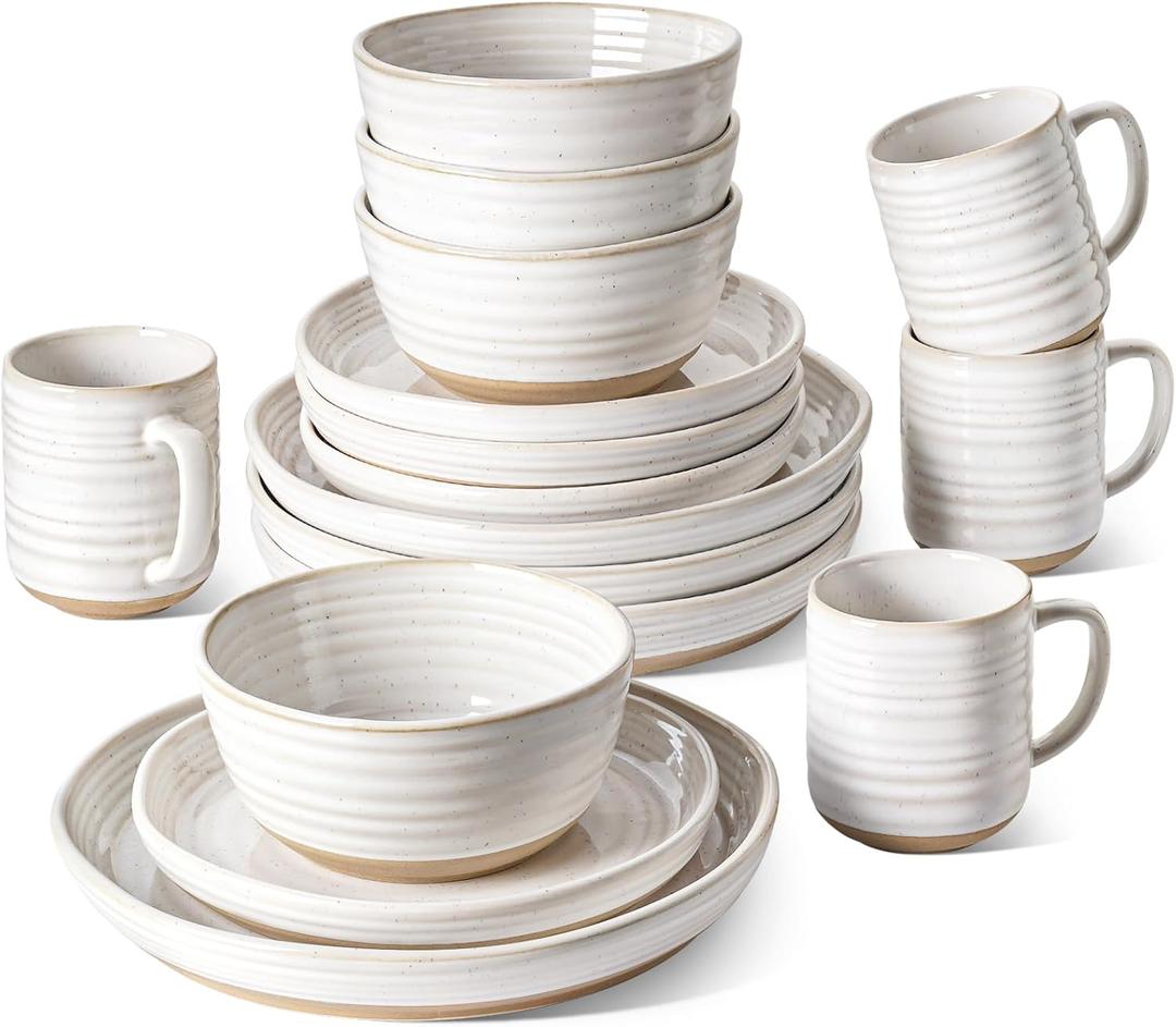 LE TAUCI Dinnerware Sets 16 PCS, Stoneware Plates and Bowls Set, House Warming Wedding Present, Serve for 4 (10" Dinner Plates + 8" Salad Dish + 28 oz Cereal Bowl+12oz coffee mugs) x 4, Arctic White