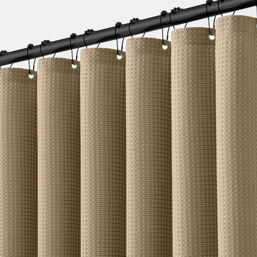 MIULEE Waffle Weave Fabric Shower Bath Curtain with 12 Metal Hooks 260GSM Heavy Duty Washable Waterproof Narrow Thick Cloth Shower Curtains Set for Bathroom Hotel, W72*L72, Khaki