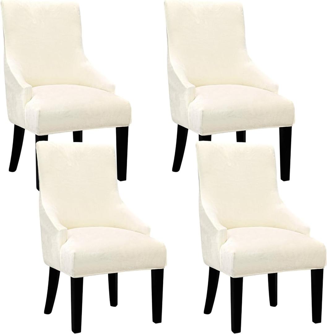 Velvet Wingback Dining Chair Cover Soft Stretch Accent Chair Cover Slipcover Thick Plush Wing Back Chairs Covers Furniture Protect Washable Chairs Protector Covers for Dining Room (Beige, 4) (White)