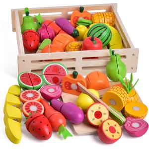 FUN LITTLE TOYS 35PCS Wooden Play Food for Kids Kitchen, Pretend Cutting Food Toys with Wooden Tray, Dishes and Knife for Kids, Pretend Play Food for Christmas Birthday Gifts