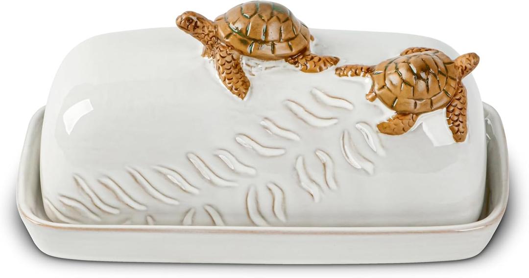 Turtle Stylish Ceramic Butter Dish Covered with Lid and Handle - Modern Countertop Butter Storage