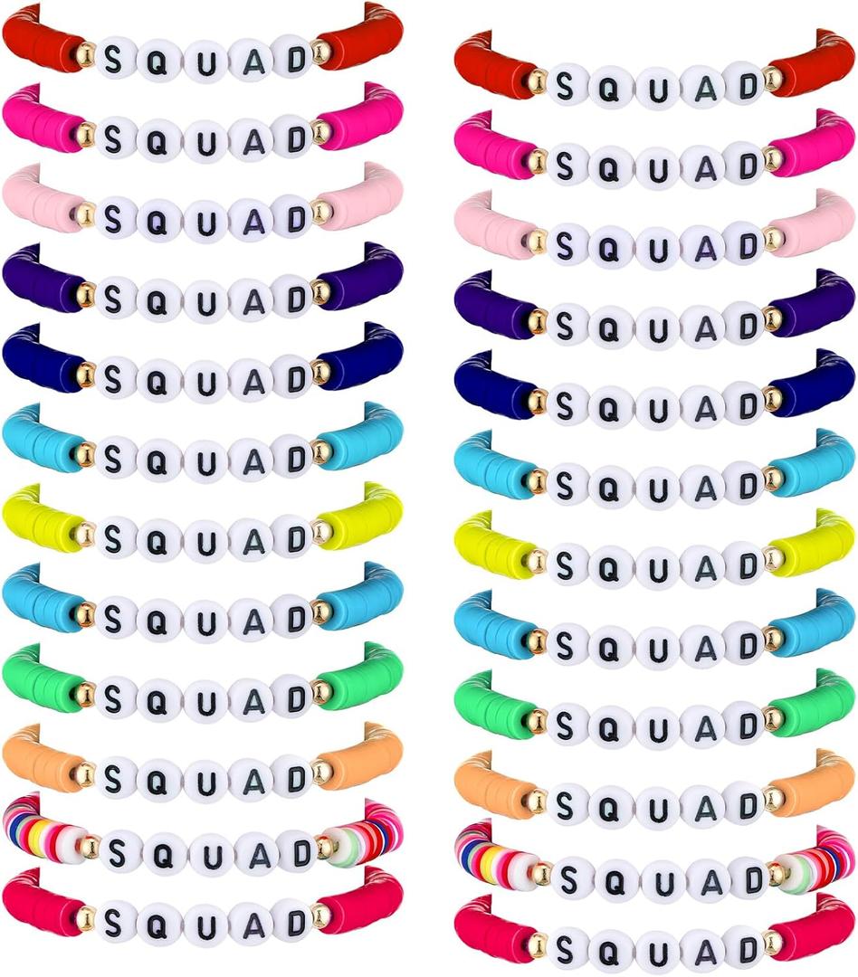 Sureio 24 Pcs Colorful Friendship Bracelets Letter Heart Smile Surfer Stretch Beaded Kids Bracelet for Girls Women Back to School Tween Girl Party Favors (Rainbow Squad)