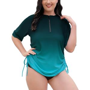 Halcurt Women's Plus Size Half Zip Short Sleeve Rash Guard Swim Top Drawstring Swim Shirt UPF50+ Swimsuit (4X)