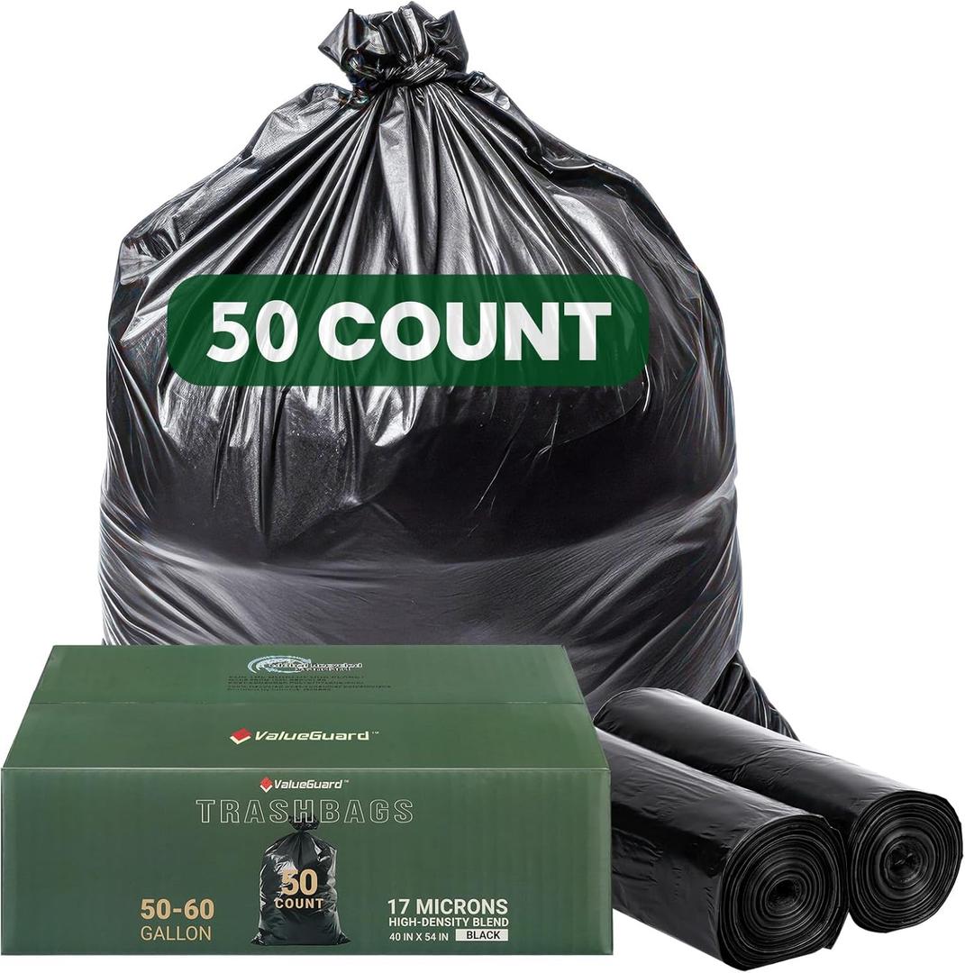 50 Count 55-60 Gallon Trash Bags, Large Garbage Bags Sturdy & Tear-Resistant Commercial Can Liners 55 Gallon, Large Black Trash Bags for Commercial, Lawn and Leaf Bags (50 Count)