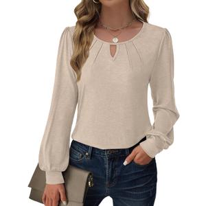 Womens Long Sleeve Tops Dressy Business Casual Blouses Basic Loose Fit V Neck Work Shirt 2025 Fall Clothes Outfits (Beige)
