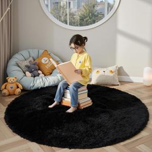 Super Soft Circle Rugs for Girls Princess Castle Toddlers Play Tent 4 Diameter Circular Area Rugs for Kids Bedroom Baby Room Decor Round Shag Playhouse Carpets(4, Black)