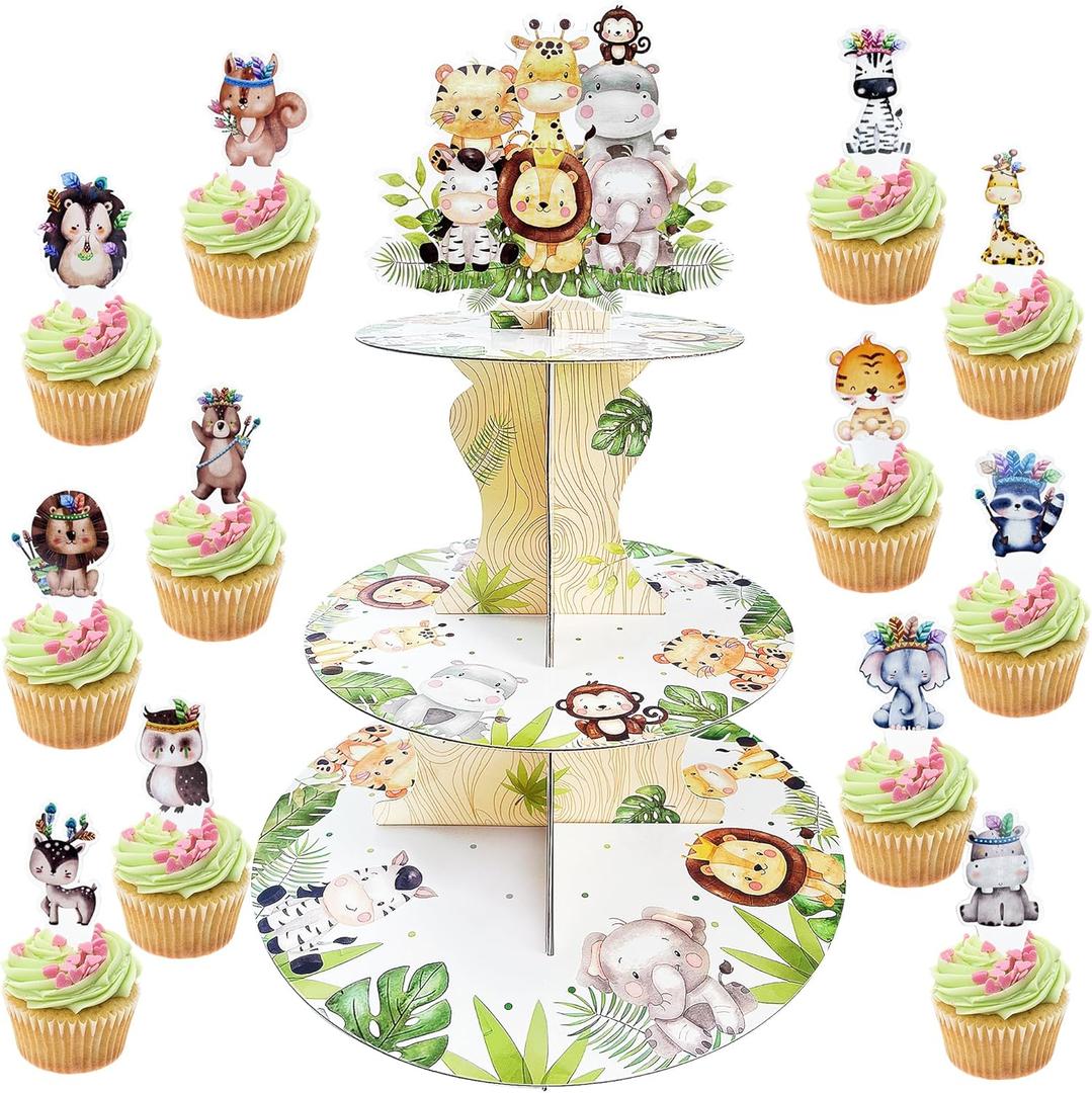 3-Tier Cupcake Stand with 24 Wild One Cupcake Toppers for Safari Baby Shower Decoration