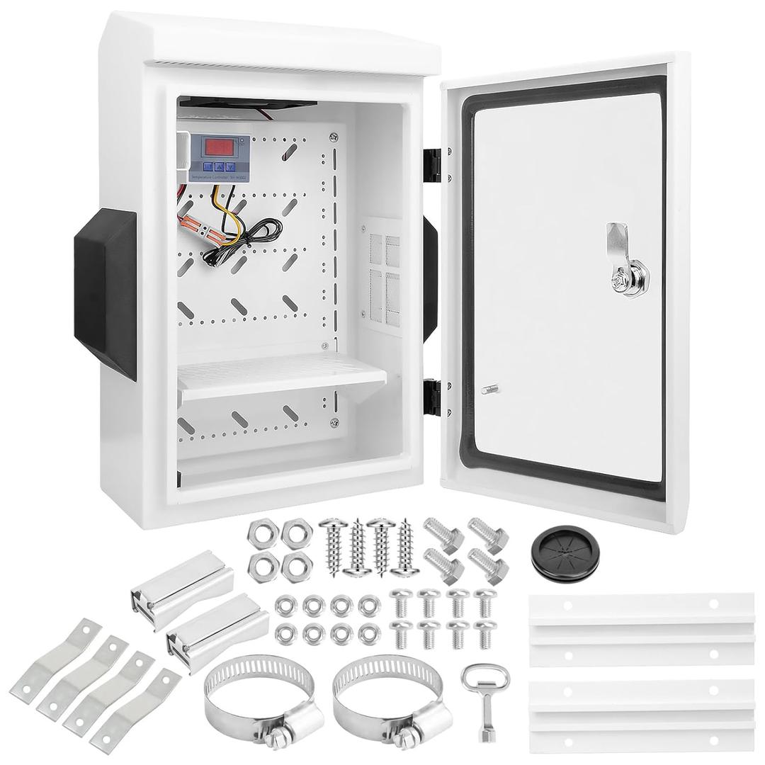 Outdoor Electrical Box with Thermostat and Fan, One-Piece Ventilation Design, Galvanized Steel, Aluminum Rear Beam, IP65 Waterproof,Wall/Pole Mounted (15.7"x11.8"x5.9")
