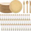 Layhit 50 Set Bamboo Cutlery and Pre Rolled Napkin Disposable Cutlery Utensils with Forks, Knives, Spoons, Napkins for Wedding, Party, Baby Shower, Outdoor Events