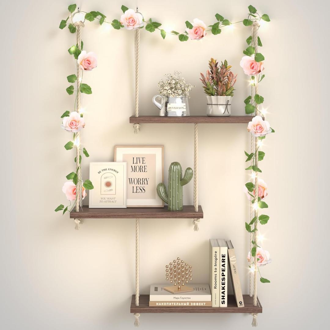 REFGY Hanging Shelves for Wall, 3 Tier Boho Hanging Plant Shelf, Floating Shelves Rope Rustic Wood Organizer Storage Hanger Rack for Aesthetic Home Bedroom Kitchen Bathroom (Champagne Flower)