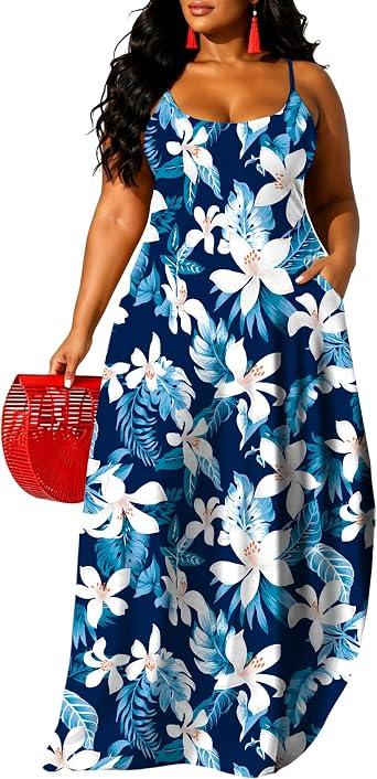 UOUA Hawaiian Dresses for Women Plus Size Sundress Luau Party Summer Curvy Maxi Tropical Boho Beach Dress Elegant Blue Flower L