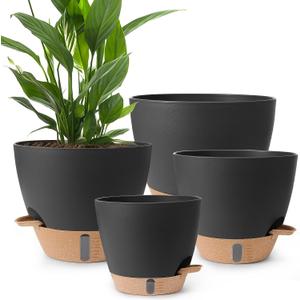 Plant Pots,12/10/9/8/ Inch Large Plastic Self Watering Flower Pots Indoor Outdoor with Drainage Holes, Deep Reservoir,Nursery Planting Pot for Indoor Out Door Plants Black