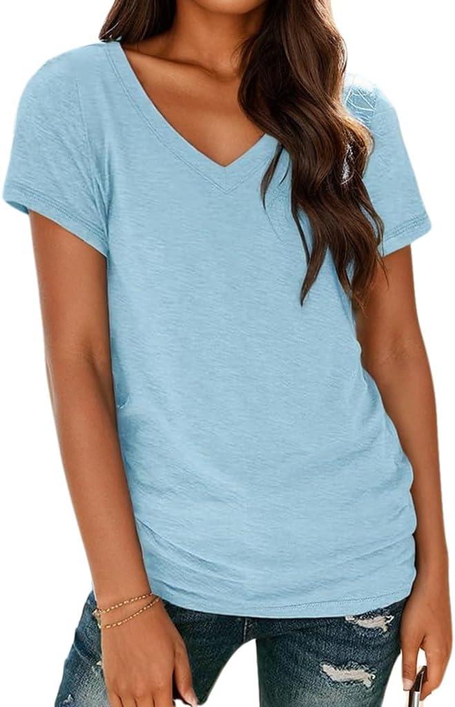 Solid Short Sleeve Shirts for Women, Soft V Neck Tshirts Shirts for Women Loose Fit Lightweight Basic Tee Tops (Small)