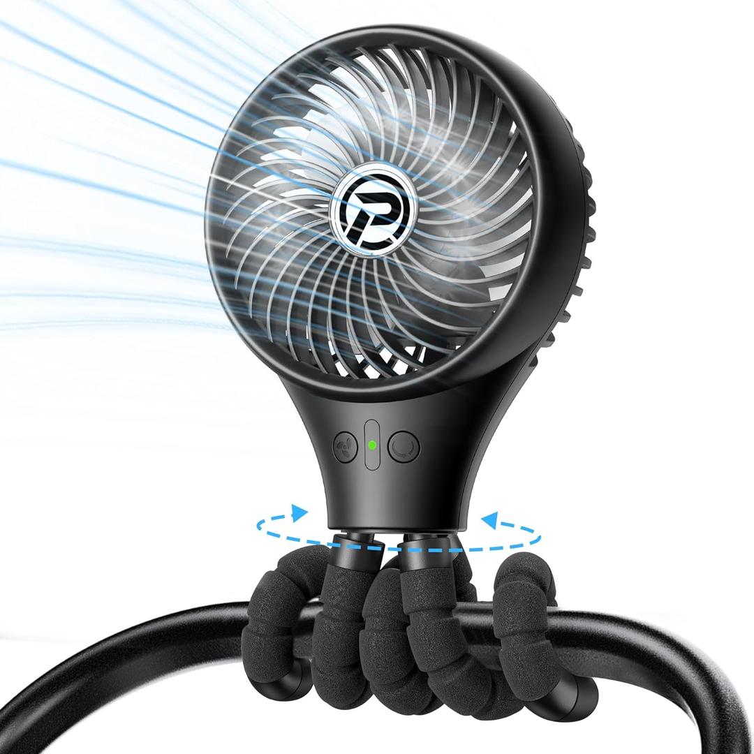 PANERGY Baby Stroller Fan, Oscillating Mini Portable Fan, 3 Speeds Battery Operated Flexible Tripod Clip on for Car Seat Crib Travel (Black)