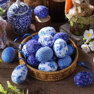 Gemscream 24 Pcs Easter Hanging Eggs Chinoiserie Blue and White Egg Tree Ornament Chinoiserie Decoration Farmhouse Easter Party Basket Filler Outdoor Home Decorations