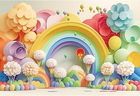Baocicco 10x8ft Candy Land Backdrop Photography Cartoon Rainbow Hot Air Balloon Fantasy Flower Colorful Photography Background Baby Shower Birthday Party Wedding for Kid Adult Video Studio