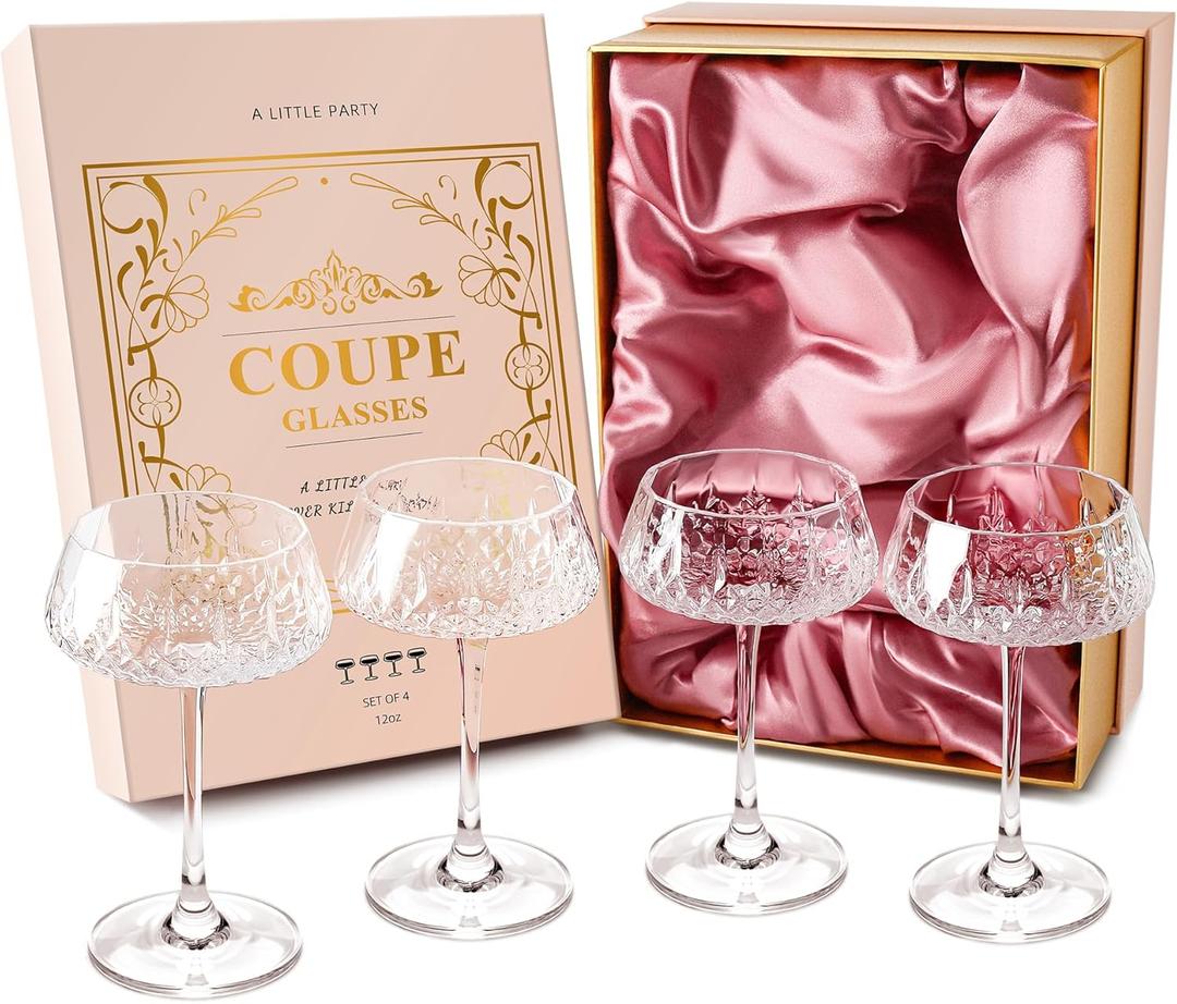 VIMERPA Coupe Glasses, Martini Glasses Set of 4, Vintage Champagne Coupe Glasses, 8oz Large Martini Glass, Crystal Retro Style Cocktail Glass for Elegant Bar Drinks, Vintage Art Deco Glassware
