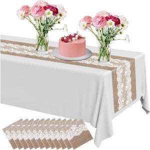 Newwiee 6 Pack Plastic Table Runner 14 x 108 Inch Natural Burlap Printed Disposable Runners Table Decoration for Home Farmhouse Kitchen Wedding Holiday Party (Lace)