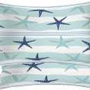Duotone Blue Nautical Starfish Throw Pillow Covers,Dark Blue Coastal Stripe Cushion Cover Digital Blended Hidden Zipper Decorative Pillowcases for Bedroom Lumbar 20X26 in 2 Pcs