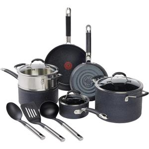 T-fal Stone Force Platinum Non Stick Cookware Set 12 Piece, Oven Broiler Safe 400F, Kitchen Cooking Set w/Fry Pans, Saucepans, Dutch Oven, Tools, Steamer Insert, Lids, Cookware, Dishwasher Safe Black