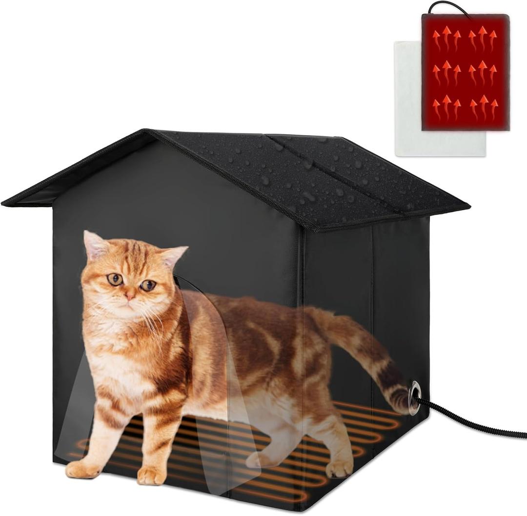 FHTONGE Heated Cat House for Outdoor Cats in Winter, Weatherproof Heated Feral Cat Shelter Insulated Cat Hut, Collaspable Stray Cat Bed House with Self Heating Pad for Outside Wild Small Animal Rabbit (Medium(16.9" x 13.4" x 16"))
