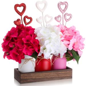 3 Pcs Mothers Day Mason Jar Centerpiece Table Decorations Pink Faux Hydrangea Flowers with Wood Tray for Spring Wedding Rustic Farmhouse Coffee Table Kitchen Decor