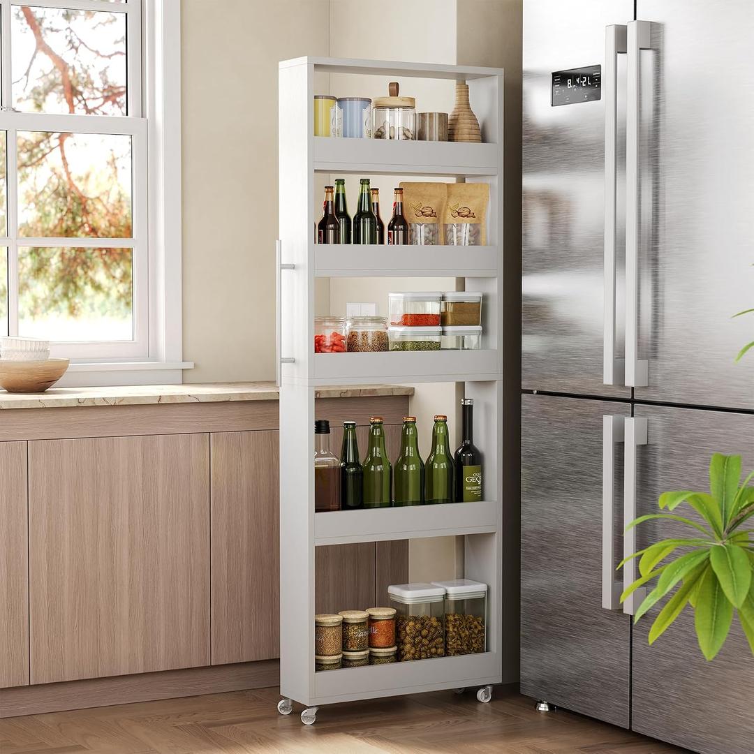 LITTLE TREE 63-Inch Slim Storage Cart on Wheels, 5-Tier Tall Narrow Mobile Shelf Organizer, Rolling Utility Cart with Metal Handle for Kitchen, Dining Room, Small Spaces, White, 6" D x 21.7" W x 63" H
