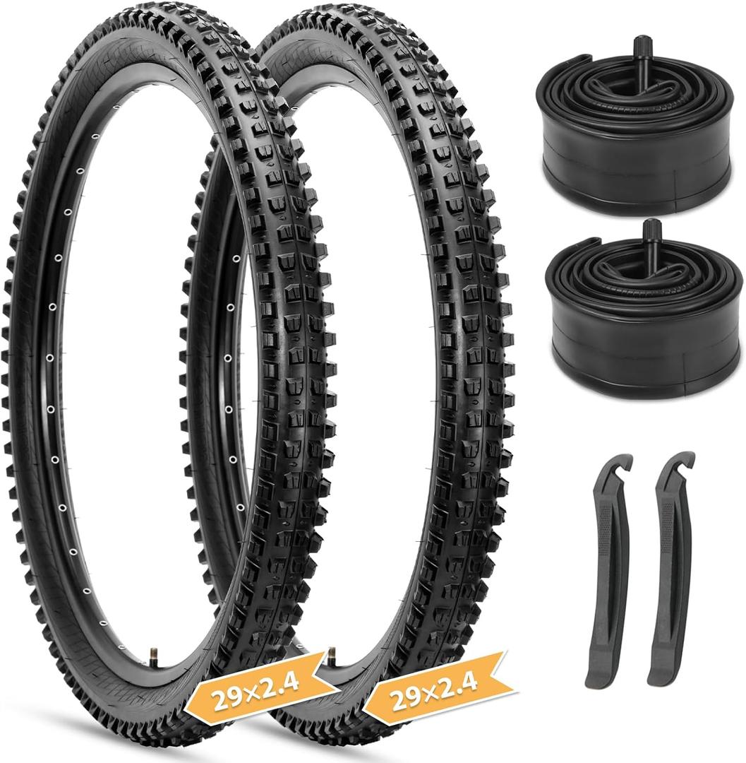 Hycline Mountain Bike Tires Set: 2 Pack 26/27.5/29x2.4 Inch Heavy Duty Folding Replacement Bicycle Tires, All-Terrain High-Density Bicycle Tires with Inner Tubes Schrader Valves and Tire Levers