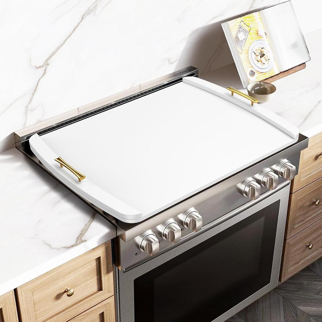 Noodle Board Stove Cover - Stove Top Covers with Handles for Gas Electric Stove - Wooden Range Covers Protector for Stovetop Sink Oven RV Serving Tray - 29.3"x22" (White), One Size
