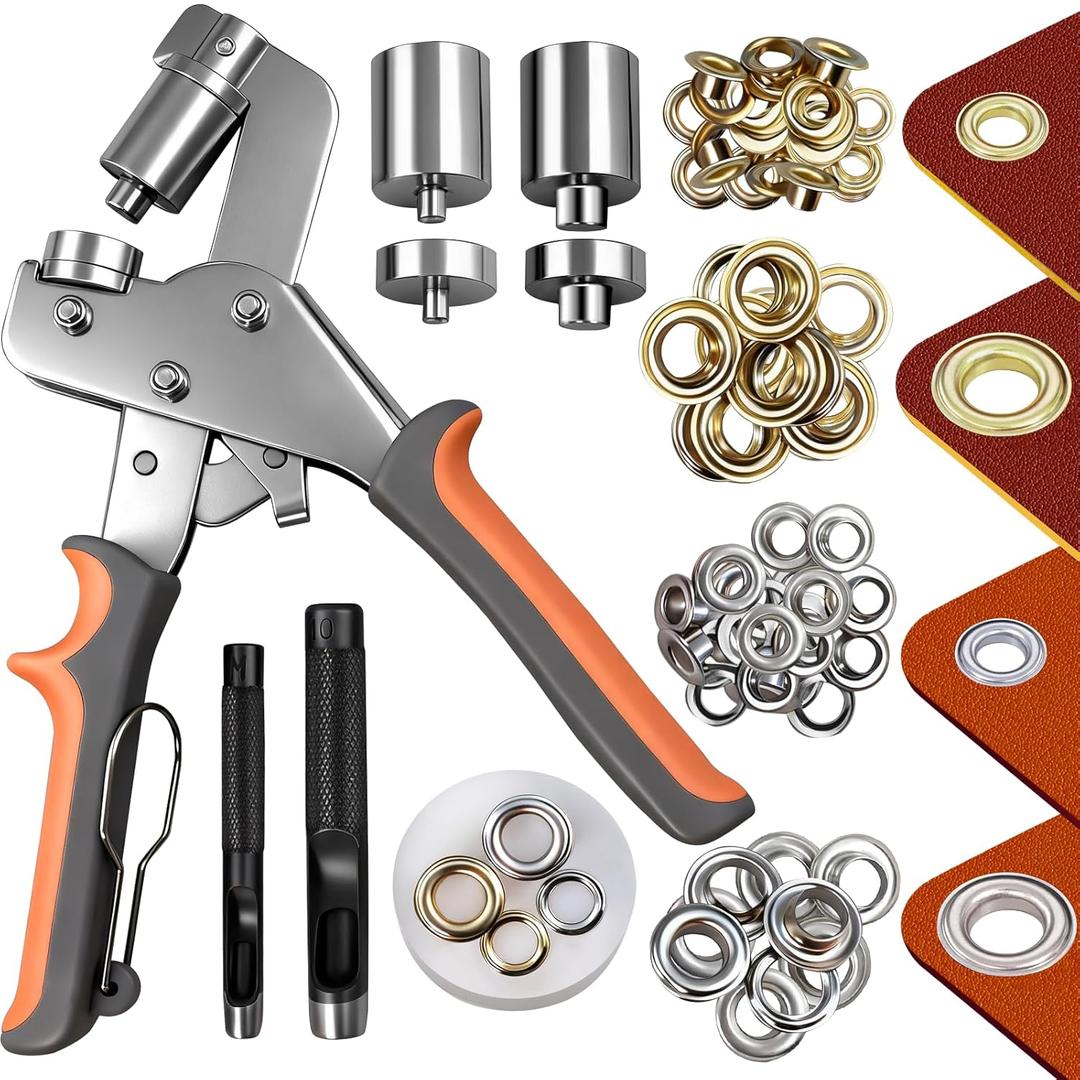 Grommet Kit of 1/4" and 3/8" Punch with 500 Pcs Metal Eyelets,Handheld Heavy Duty Eyelet Pliers Rivet Press Tool Set for Tarps Leather Crafts Fabric Tents Canvas
