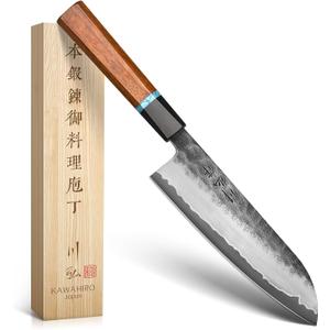 KAWAHIRO 7 inch Japanese Santoku Chef Knife, VG10 Stainless Steel Kitchen Cooking Knife, Professional Hand Forged Chef's Knives Exotic Wood Handle, Exquisite Wooden Gift Box