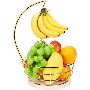 Livabber Countertop Fruit Basket Bowl with Banana Hanger, Modern Standing Fruit Vegetable Bowl Storage, with Banana Tree Holder for Kitchen Dinning Table (Round Marble, Gold)