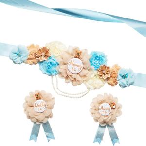 Teddy Bear Maternity Sash Set Mummy and Daddy Corsage Pin Flowers Baby Shower Souvenir Sash Supplies Gender Reveal Decorations Pregnancy Photography PropsSky Blue