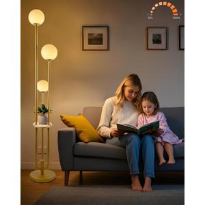 Lightdot 63IN Dimmable Gold Floor Lamp with Shelf Mid Century Standing Lamps with 3000K Bulbs Included with Candle Holder Style Modern Globe Floor Lamp for Living Room/Party/Sofa Beside/Corner Decor