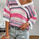 Acelitt Womens Short Sleeve Crochet Knit Sweater Hollow Out Striped Tops Beach Vacation Cruise Outfits (Pink, XS)