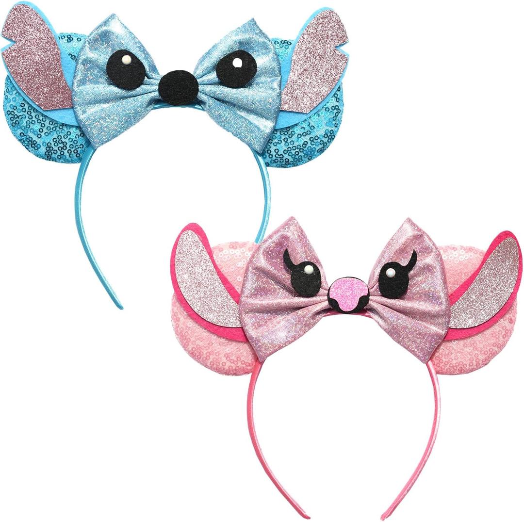 FACHPINT Stitch Ears, 2pcs Mouse Ears Headband for Stitch Angel, Cute Sequin Mini Blue/Pink Ears for Christmas Decoration, Girl Boy Photo Props, Party