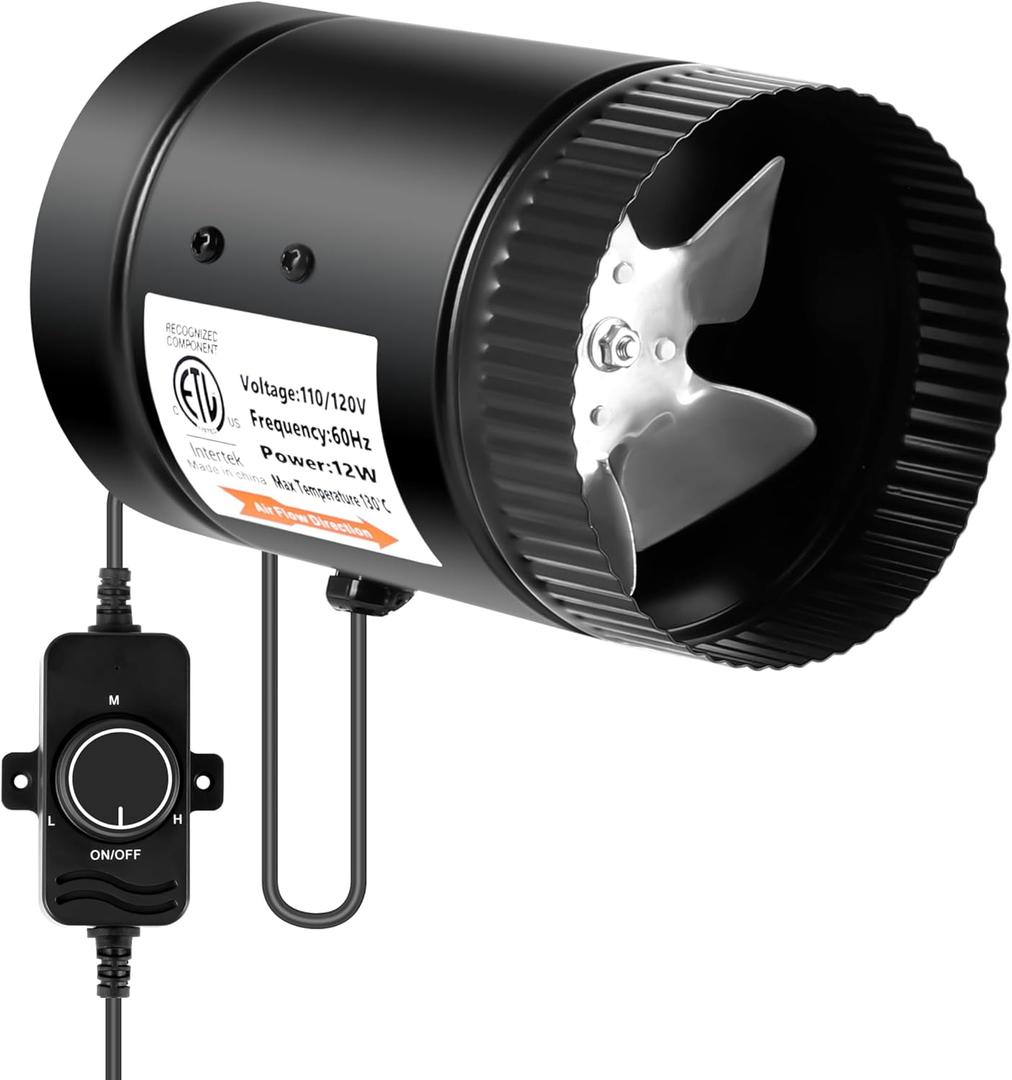InfiniPower Inline Duct Booster Fan 4" 106 CFM with Speed Controller, Low-Noise Ventilation Exhaust Fan for Kitchen, Basements, Bathrooms, Attics and Grow Tents, Black