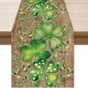 XCHI Wood Grain Green Shamrocks Clovers Eucalyptus Leaves St. Patrick's Day Table Runner Table Decoration for Party Home Kitchen Dining Holiday Decor 13x36 Inch