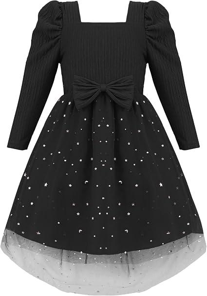 Renotemy Toddler Girl Tutu Dresses Fall Winter Puff Long Sleeve Sequin Dress Princess Birthday Party Dress for Girl 7-8Y
